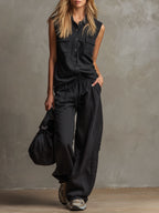 Kyli™ | Conjunto de blusa sin mangas con cuello negro y botones y pantalones