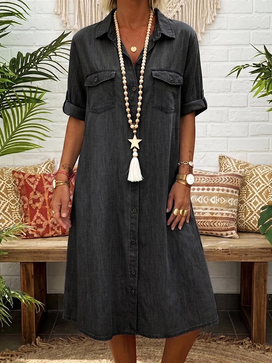 Nura™ | Vestido informal de denim con cuello polo y botones