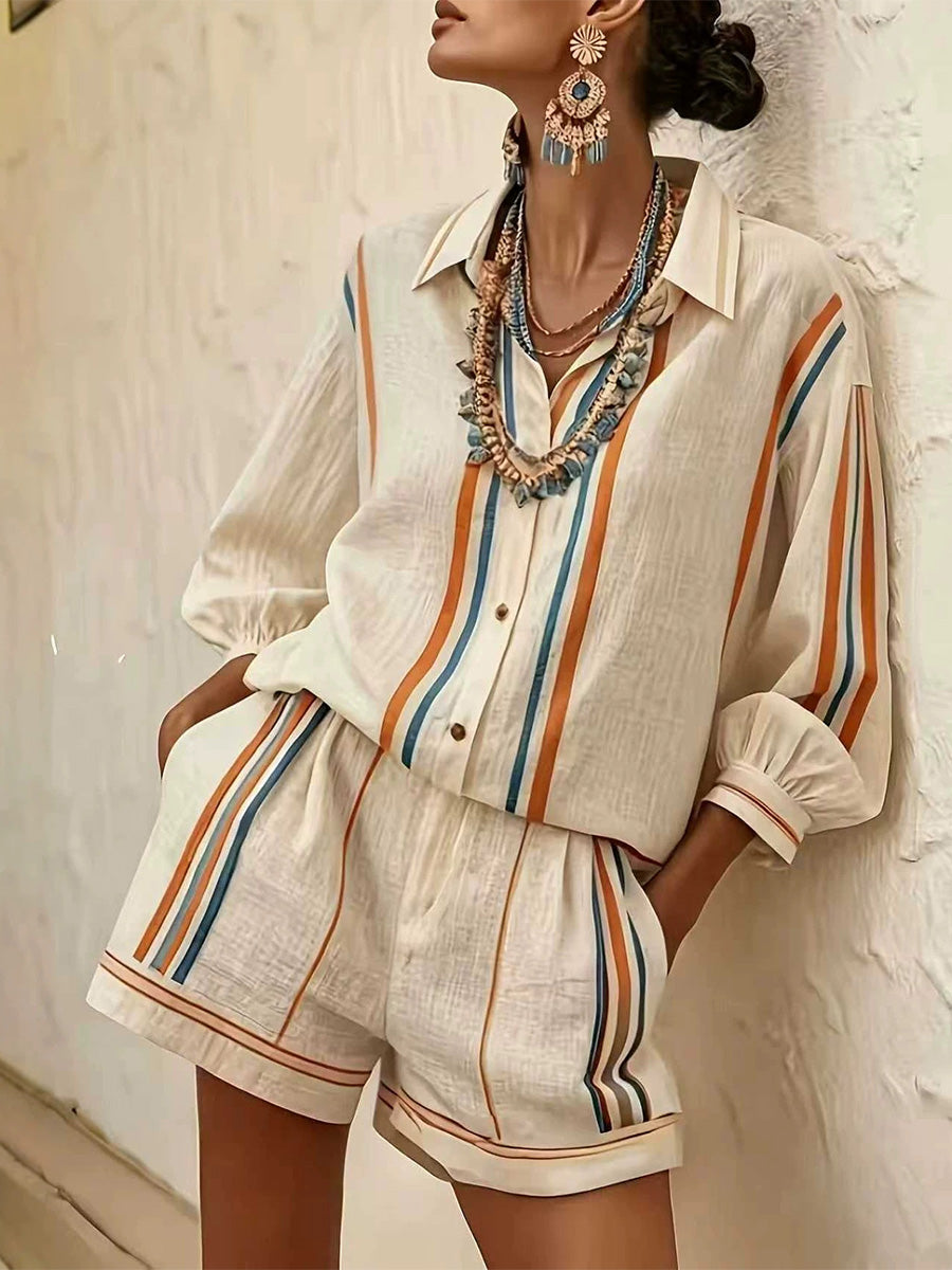 Neri™ | Conjunto de dos piezas compuesto por camisa de algodón y lino en color albaricoque