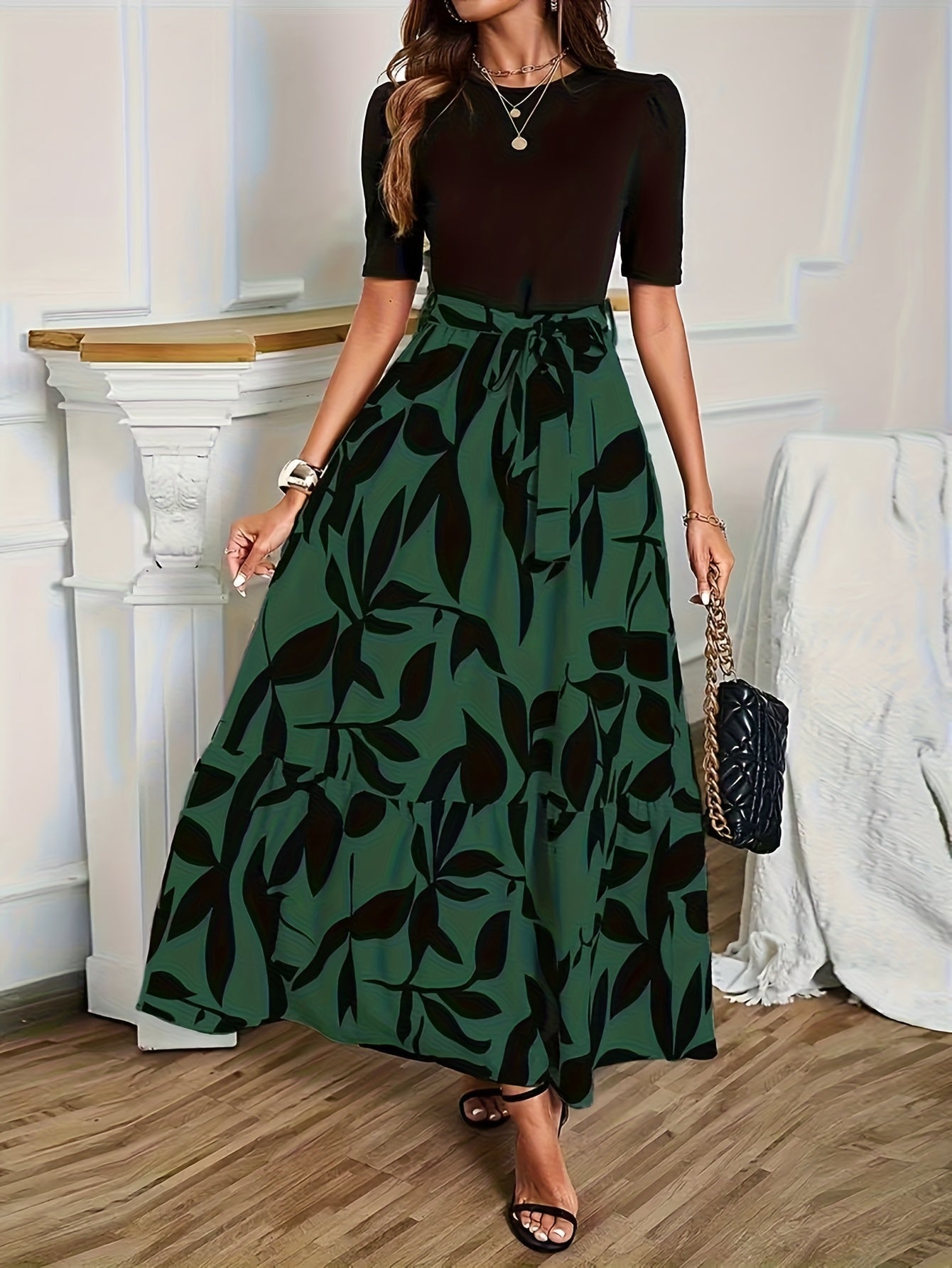 Vanya™ | Vestido Midi Elegante con Estampado Geométrico y Mangas Abullonadas