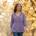 👚 Women's Cotton & Linen Blend V-Neck Button-Up Lace Trim Shirt ✨