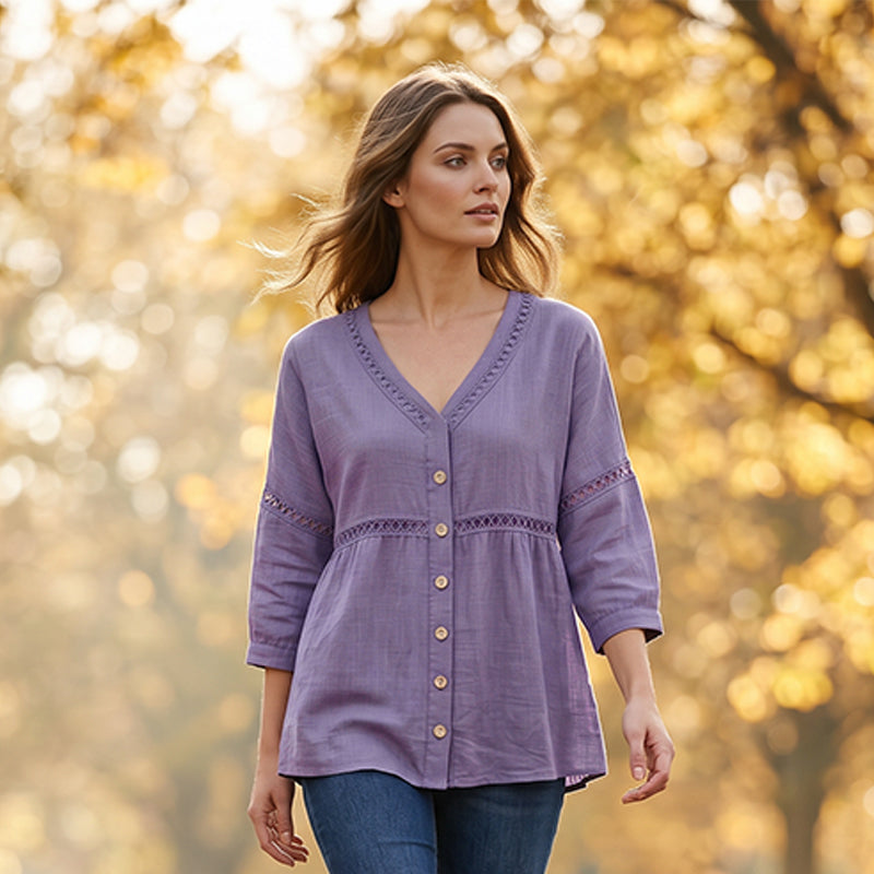 👚 Women's Cotton & Linen Blend V-Neck Button-Up Lace Trim Shirt ✨