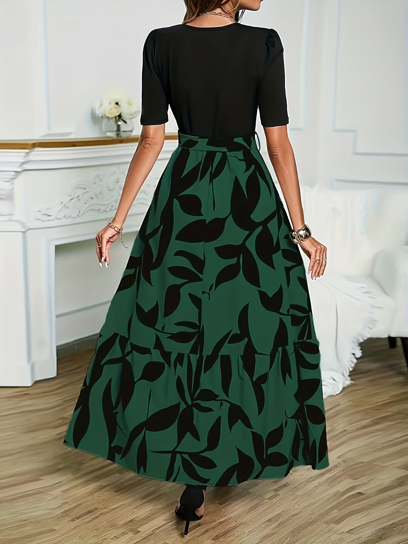 Vanya™ | Vestido Midi Elegante con Estampado Geométrico y Mangas Abullonadas
