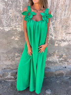 Xael™ | Vestido de mujer de color liso con detalles florales y cuello en U 🌸