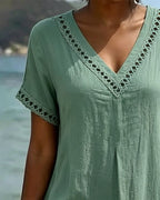 Vayra™ | Vestido largo de mujer de manga corta, con cuello en V y aberturas, en color liso 👗