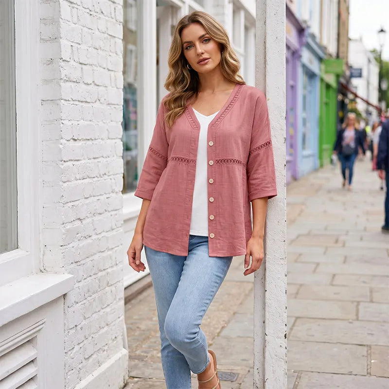 👚 Women's Cotton & Linen Blend V-Neck Button-Up Lace Trim Shirt ✨