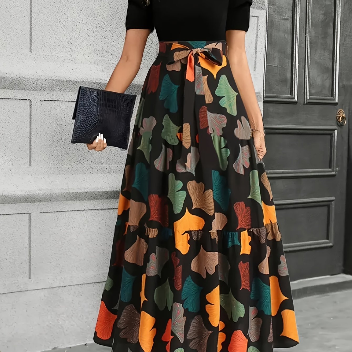 Vanya™ | Vestido Midi Elegante con Estampado Geométrico y Mangas Abullonadas