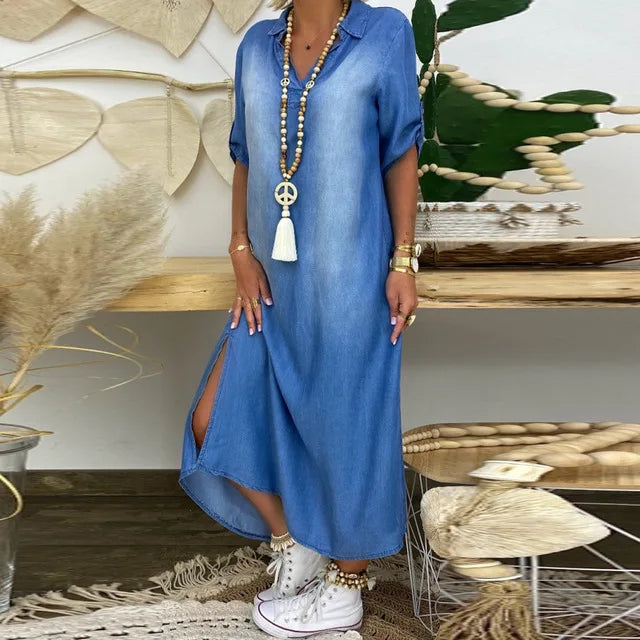 Zephyra™ | Vestido largo de efecto denim con abertura lateral