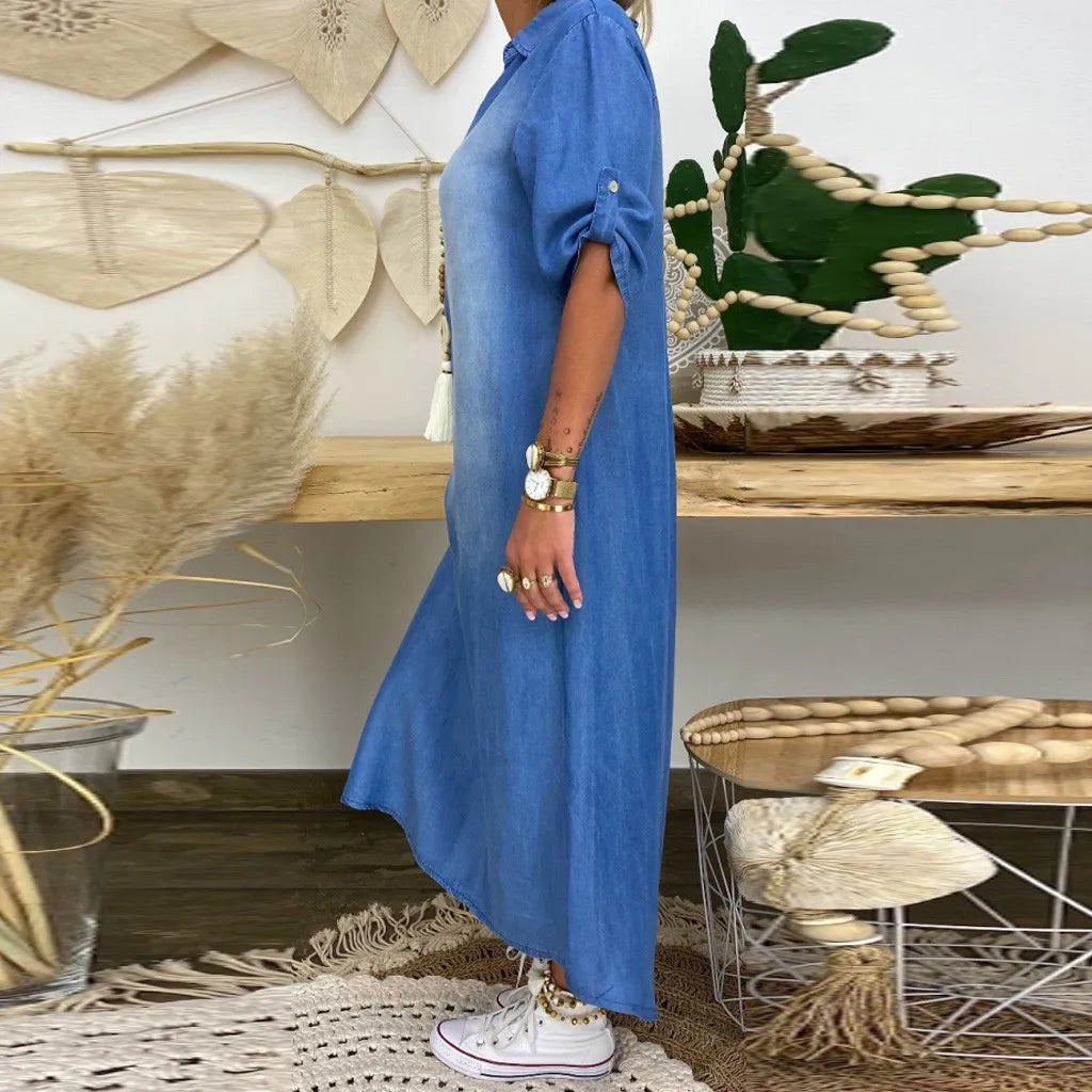 Zephyra™ | Vestido largo de efecto denim con abertura lateral