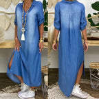 Zephyra™ | Vestido largo de efecto denim con abertura lateral