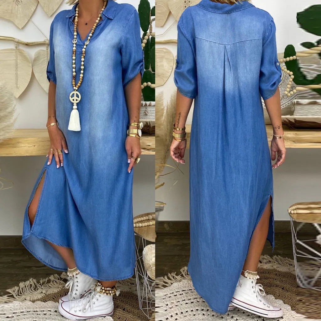 Zephyra™ | Vestido largo de efecto denim con abertura lateral