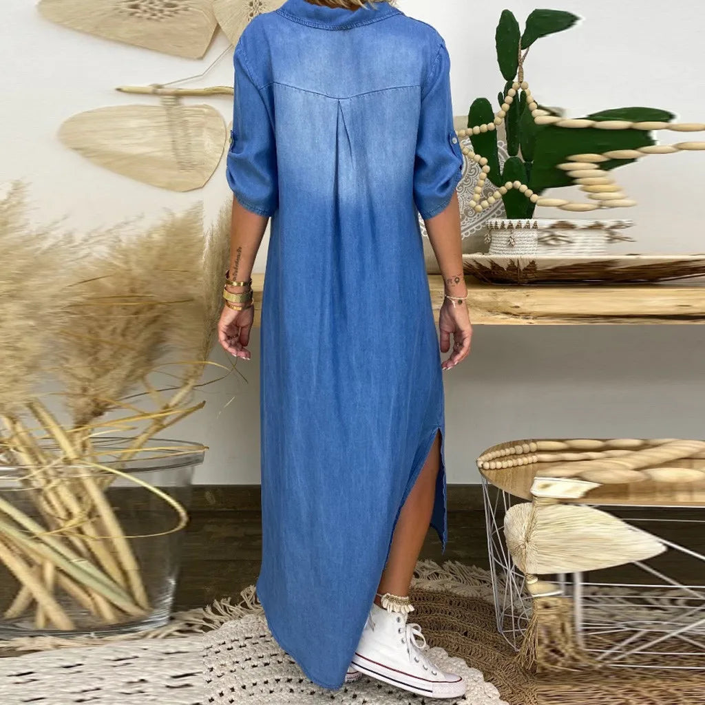 Zephyra™ | Vestido largo de efecto denim con abertura lateral
