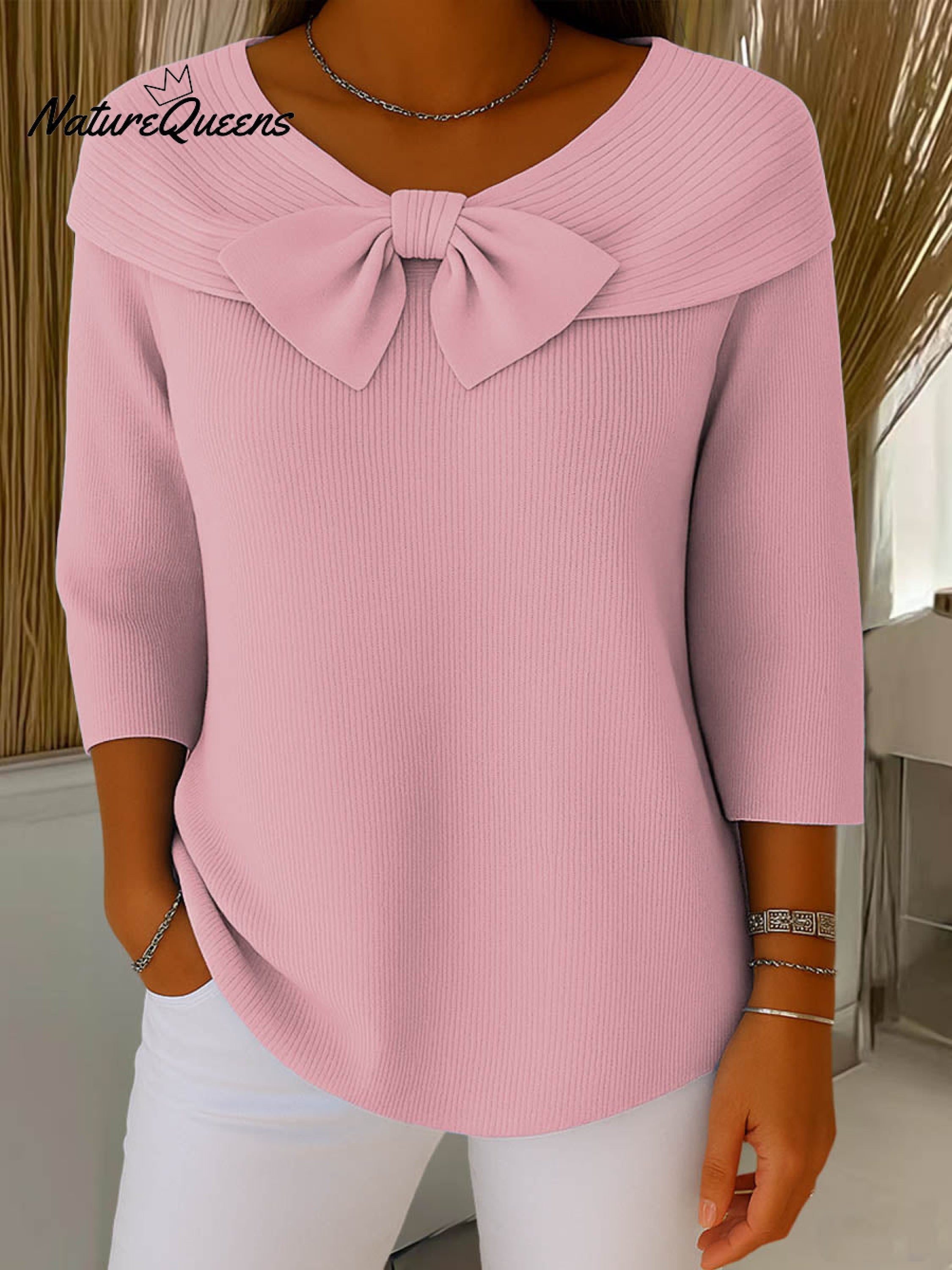 Jersey de punto informal de manga tres cuartos con cuello redondo y lazo, color liso, para mujer.