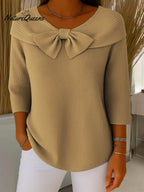 Jersey de punto informal de manga tres cuartos con cuello redondo y lazo, color liso, para mujer.
