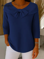 Jersey de punto informal de manga tres cuartos con cuello redondo y lazo, color liso, para mujer.