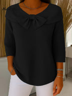 Jersey de punto informal de manga tres cuartos con cuello redondo y lazo, color liso, para mujer.