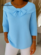 Jersey de punto informal de manga tres cuartos con cuello redondo y lazo, color liso, para mujer.