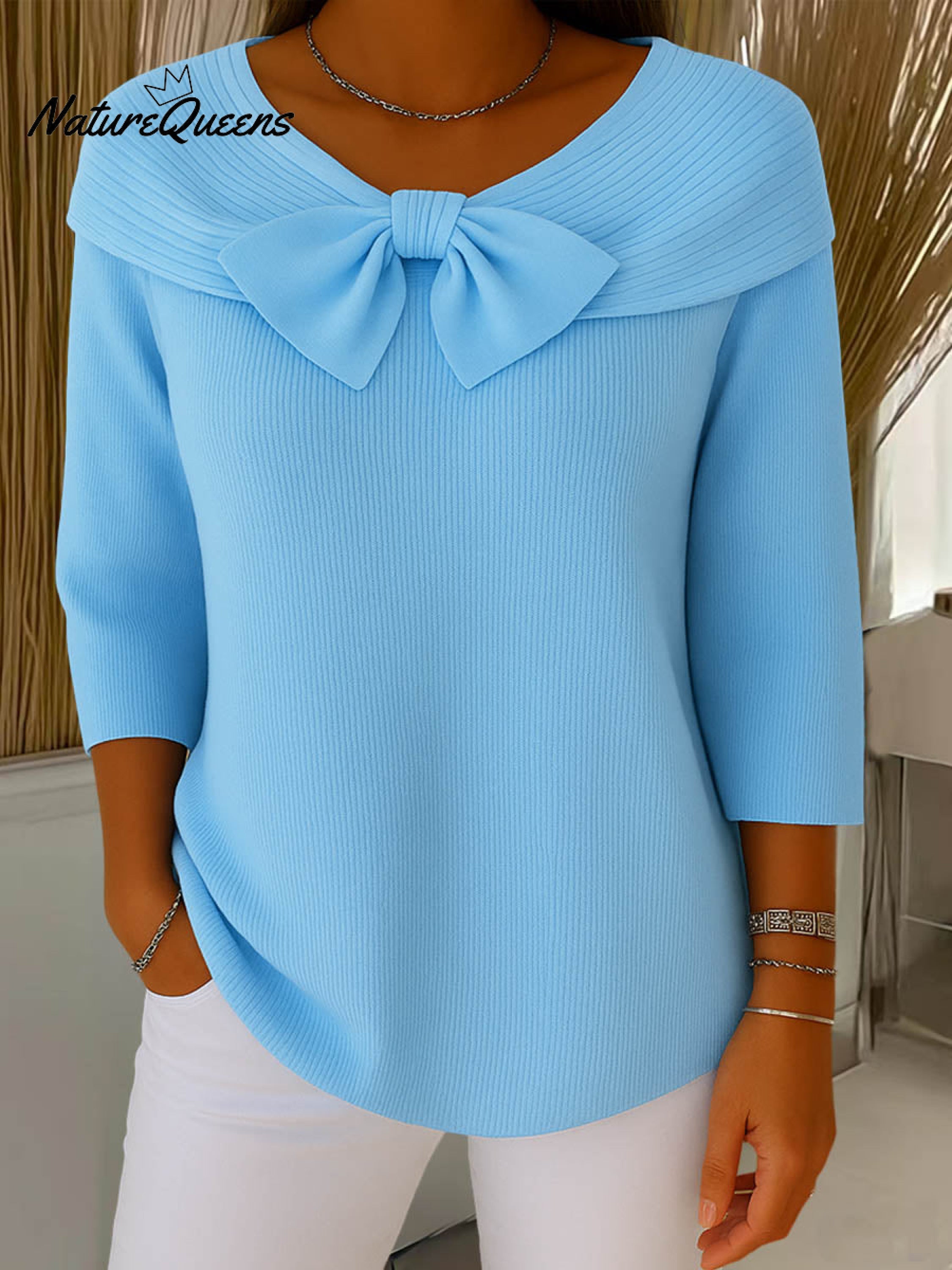 Jersey de punto informal de manga tres cuartos con cuello redondo y lazo, color liso, para mujer.