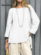 Camisa informal de mujer de algodón y lino con manga tres cuartos.
