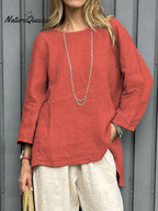 Camisa informal de mujer de algodón y lino con manga tres cuartos.