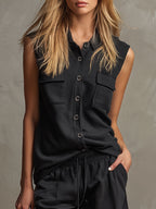Kyli™ | Conjunto de blusa sin mangas con cuello negro y botones y pantalones