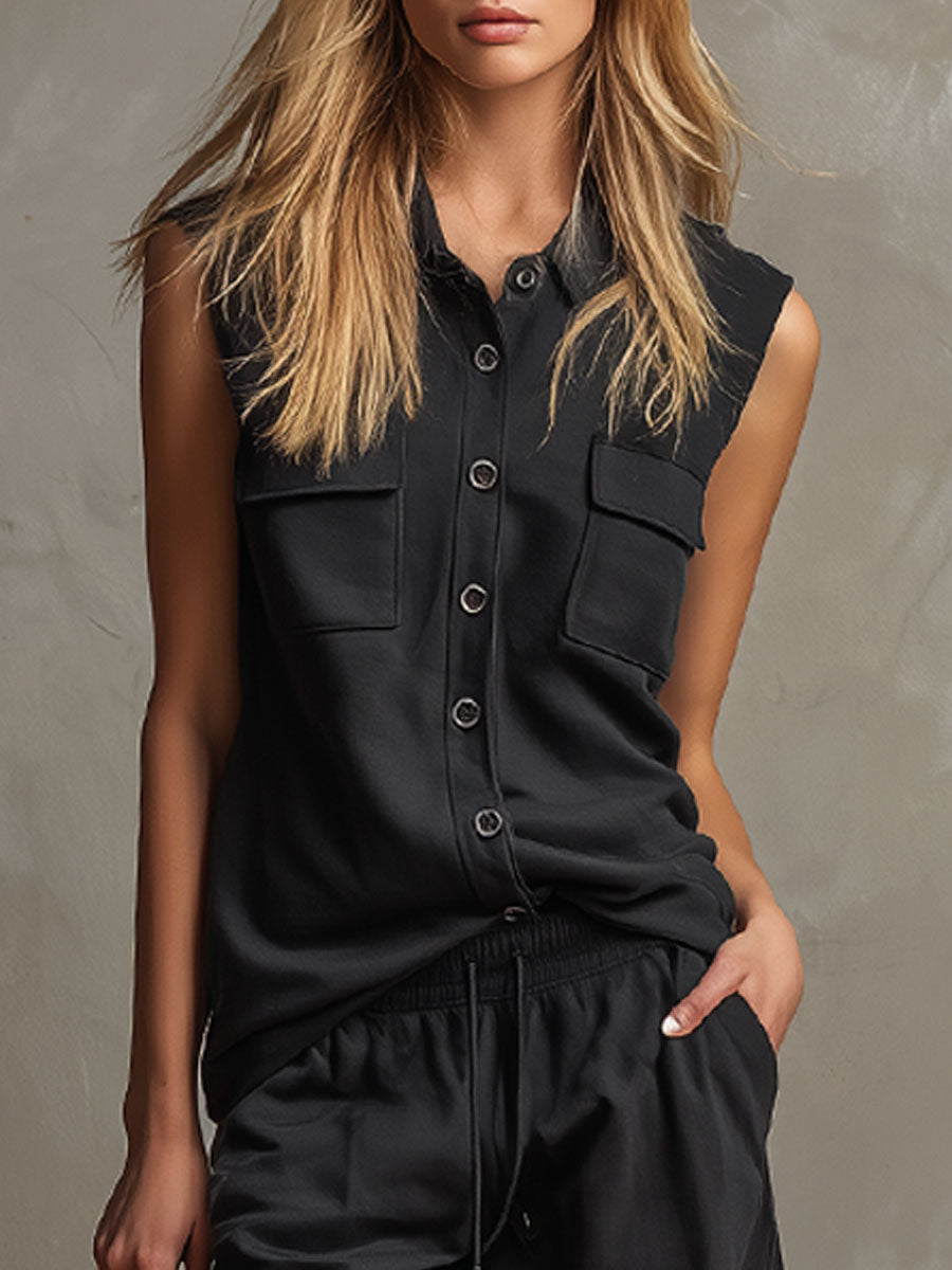 Kyli™ | Conjunto de blusa sin mangas con cuello negro y botones y pantalones