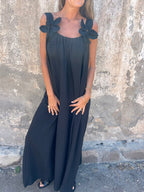 Xael™ | Vestido de mujer de color liso con detalles florales y cuello en U 🌸