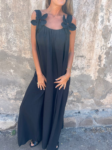 Xael™ | Vestido de mujer de color liso con detalles florales y cuello en U 🌸