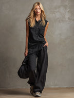 Kyli™ | Conjunto de blusa sin mangas con cuello negro y botones y pantalones