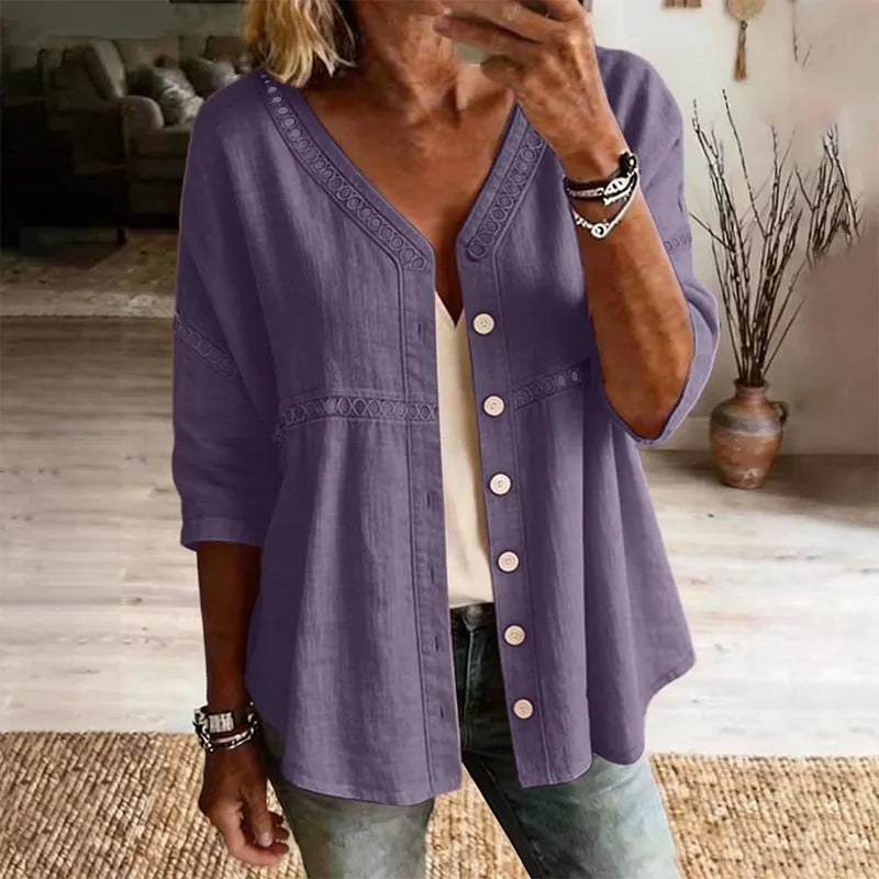 👚 Women's Cotton & Linen Blend V-Neck Button-Up Lace Trim Shirt ✨
