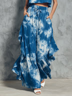 Zevi™ | Conjunto de top corto sin mangas azul con efecto tie-dye + pantalones asimétricos de pierna ancha