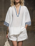 Vana™ | Conjunto de camiseta de manga corta y pantalones cortos de algodón y lino blancos con bordados de estilo bohemio