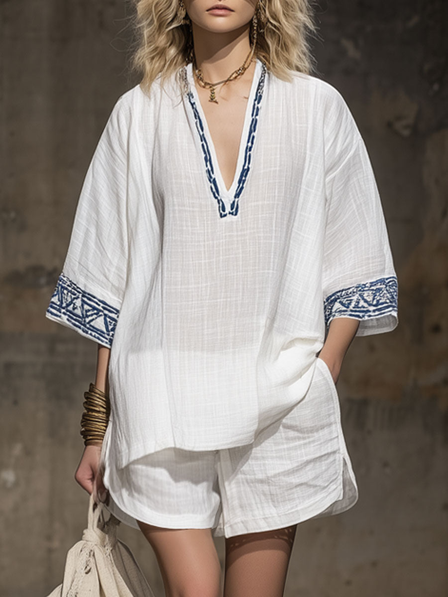 Vana™ | Conjunto de camiseta de manga corta y pantalones cortos de algodón y lino blancos con bordados de estilo bohemio