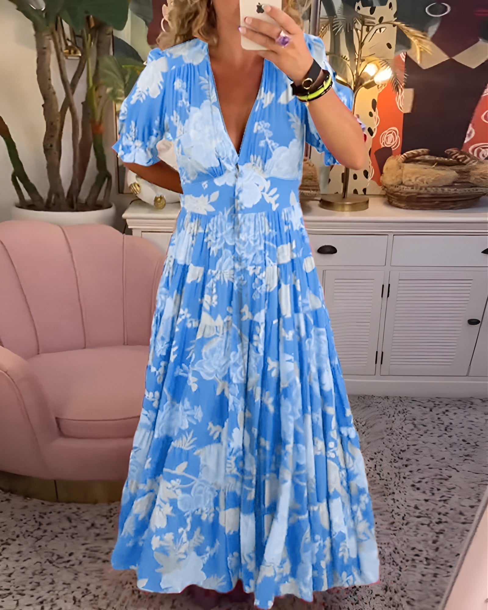 Carine | Vestido con bolsillos y cuello en V con estampado floral