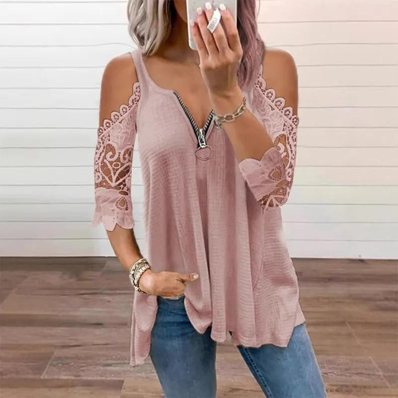 Virel™ | Blusa de encaje con hombros al aire y cremallera para mujer