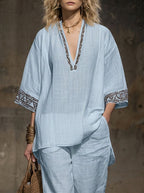 Vana™ | Conjunto de camiseta de manga corta y pantalones cortos de algodón y lino blancos con bordados de estilo bohemio