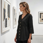 👚 Women's Cotton & Linen Blend V-Neck Button-Up Lace Trim Shirt ✨