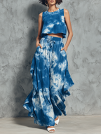 Zevi™ | Conjunto de top corto sin mangas azul con efecto tie-dye + pantalones asimétricos de pierna ancha