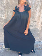 Xael™ | Vestido de mujer de color liso con detalles florales y cuello en U 🌸