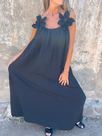 Xael™ | Vestido de mujer de color liso con detalles florales y cuello en U 🌸