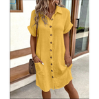 Vesperia™ | Vestido camisero de mujer con cuello en V, botones y mangas cortas | Mini