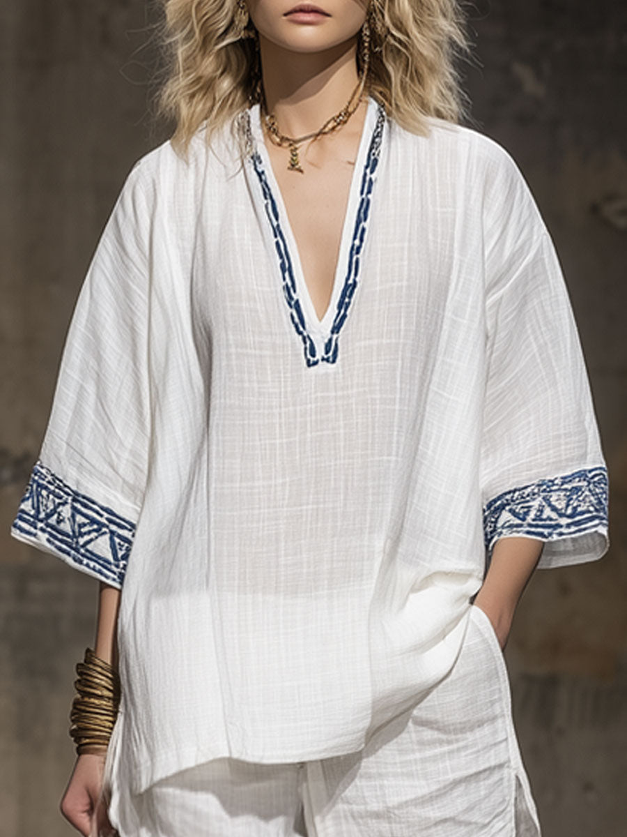 Vana™ | Conjunto de camiseta de manga corta y pantalones cortos de algodón y lino blancos con bordados de estilo bohemio