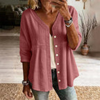 👚 Women's Cotton & Linen Blend V-Neck Button-Up Lace Trim Shirt ✨