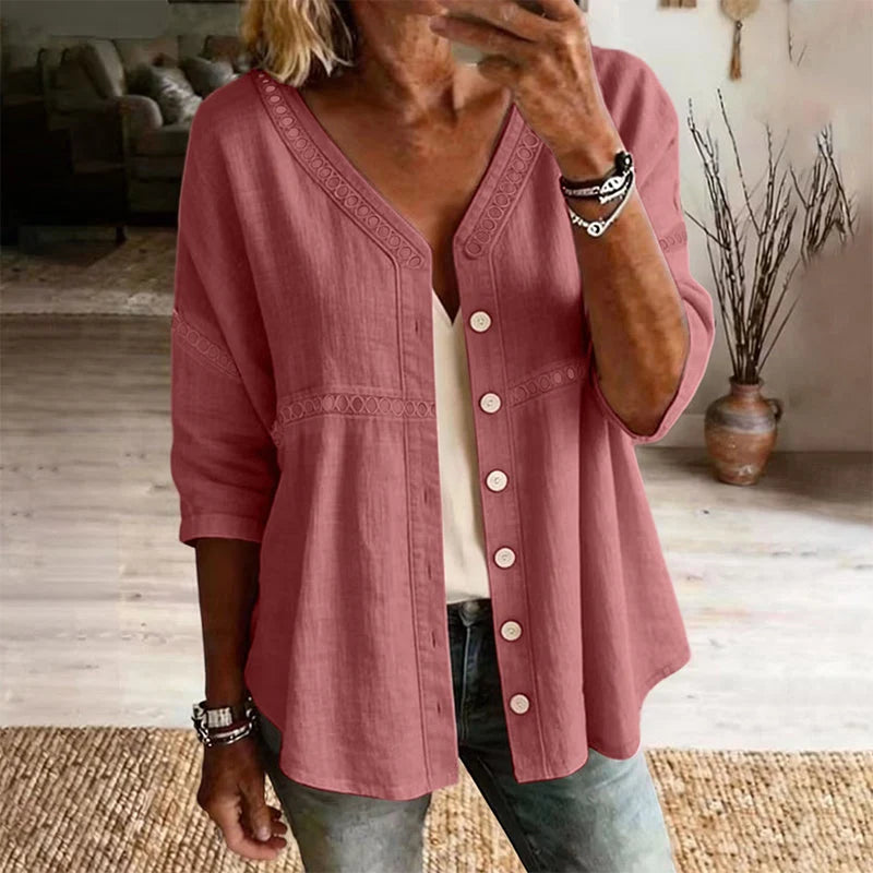 👚 Women's Cotton & Linen Blend V-Neck Button-Up Lace Trim Shirt ✨