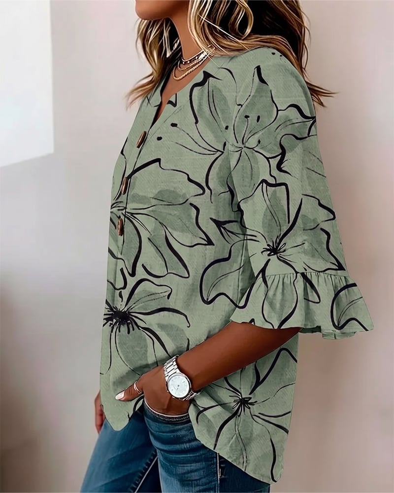 Rosélisse™ | Floral Ruffle V-Neck Blouse