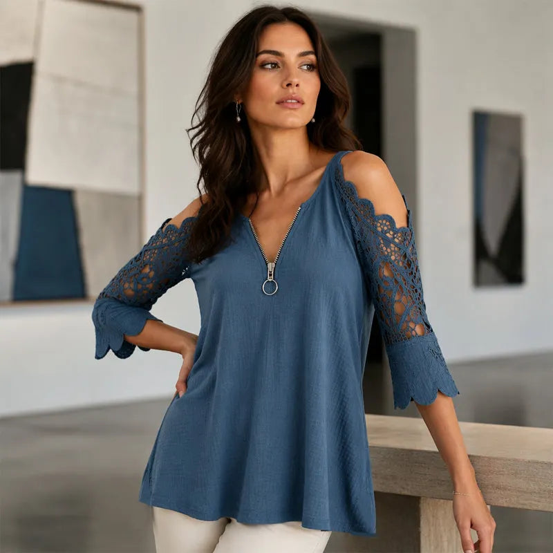 Virel™ | Blusa de encaje con hombros al aire y cremallera para mujer