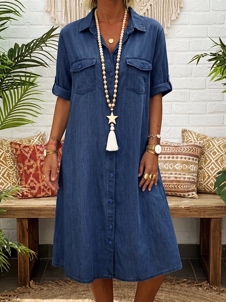 Nura™ | Vestido informal de denim con cuello polo y botones