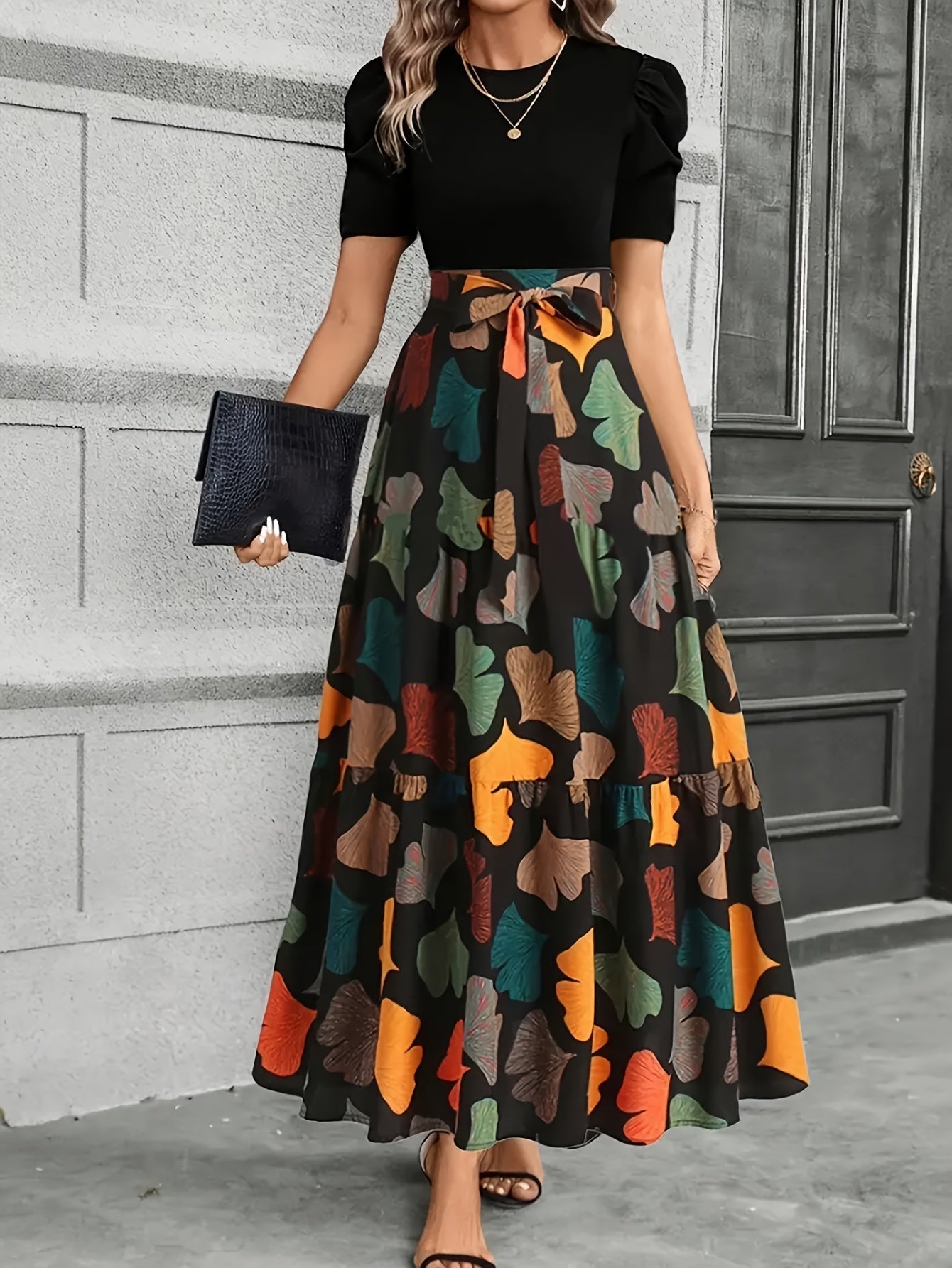 Vanya™ | Vestido Midi Elegante con Estampado Geométrico y Mangas Abullonadas
