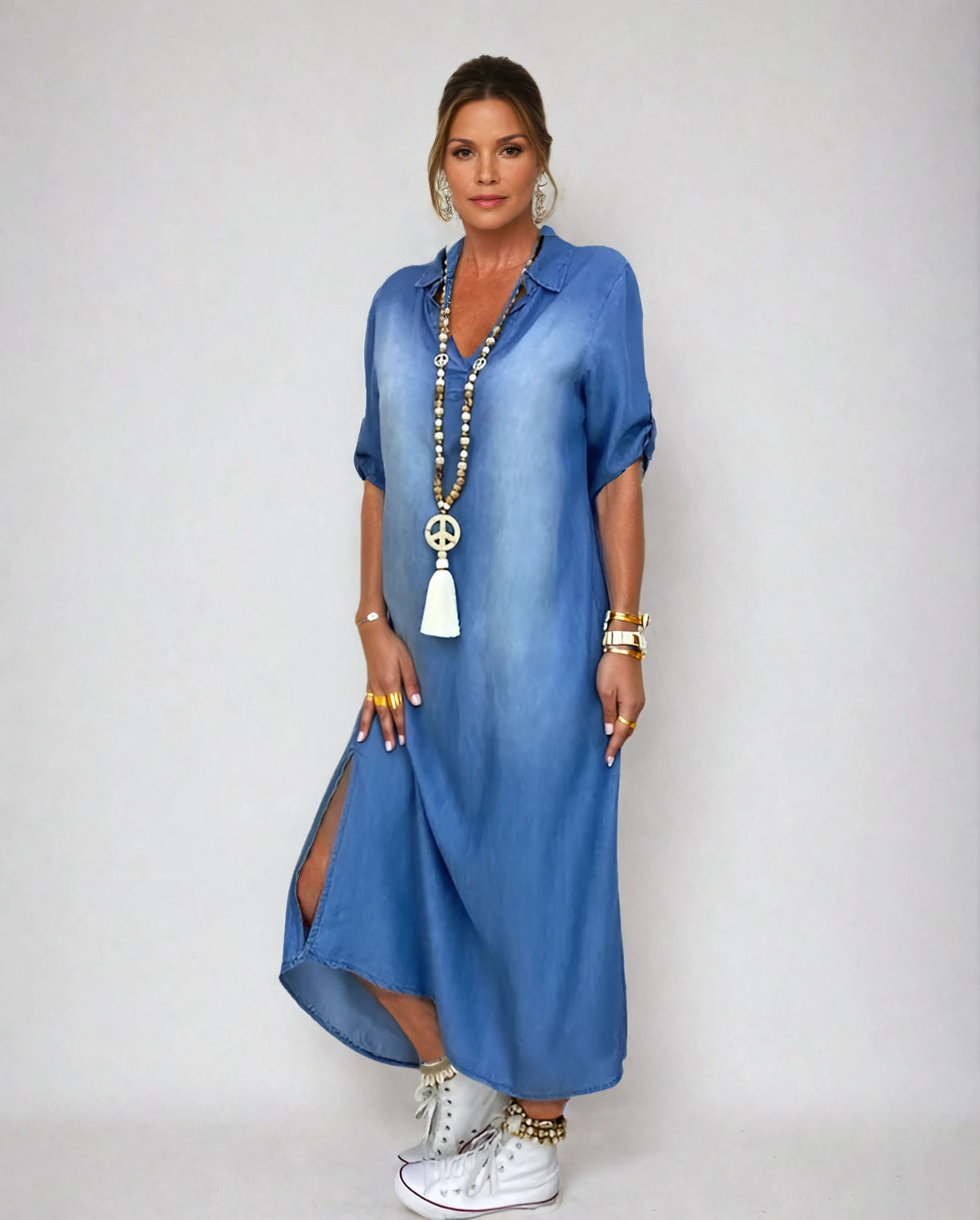 Zephyra™ | Vestido largo de efecto denim con abertura lateral