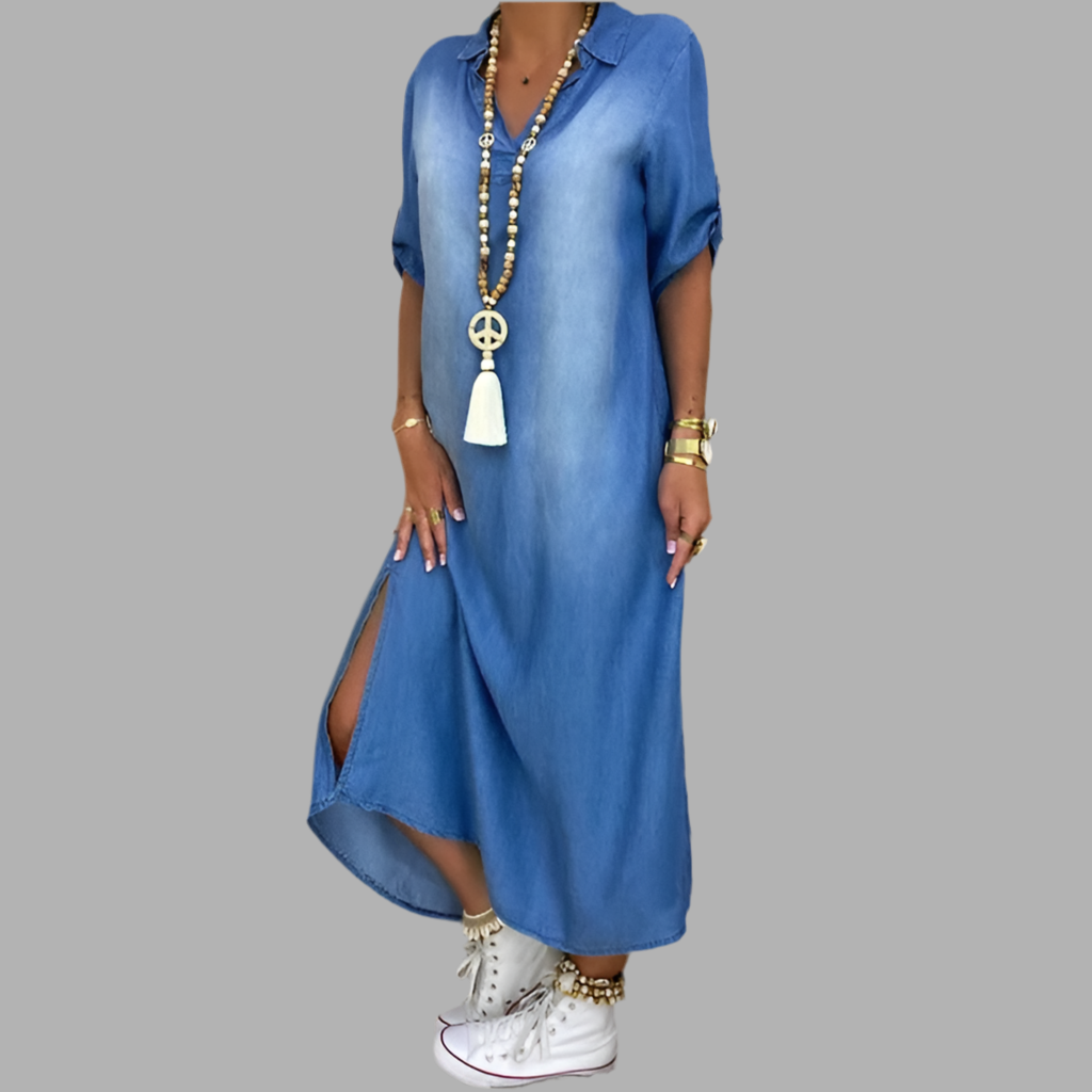 Zephyra™ | Vestido largo de efecto denim con abertura lateral